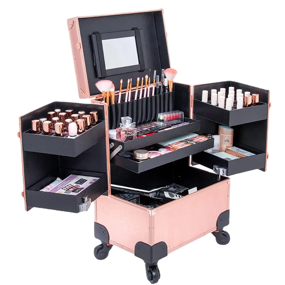 Orit Hot Sale Mehr schicht ige Nagel wagen box-Roségold Make-up Organizer Trolley Case mit großer Kapazität