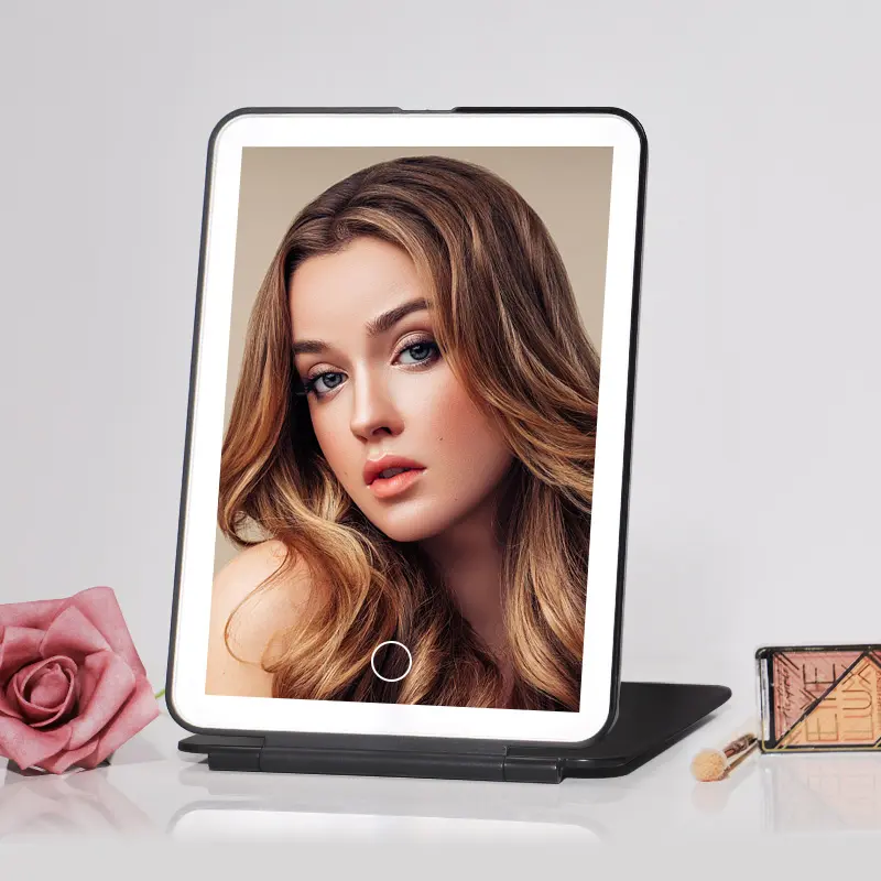 Grosir pemasok Logo khusus Desktop portabel rias wajah Led lipat merah muda dengan cermin perjalanan cahaya
