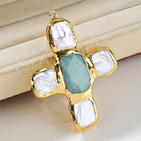 Pendentif croix en Amazonite naturelle et perle plaqué or 18 carats, fournitures de fabrication de bijoux, composants DIY