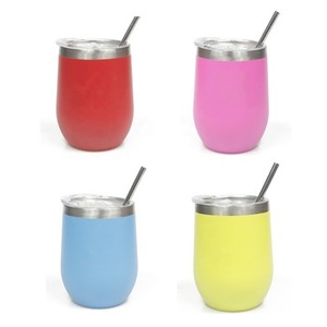 Gobelet Enduit De poudre En Acier Inoxydable voyage tasse 12 oz <span class=keywords><strong>Verre</strong></span> À Vin Sans Tige avec Couvercle Coulissant, Paille Réutilisable - Product Image 1