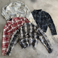 Camiseta de algodón vintage de alta calidad con gráficos personalizados, estilo boxy, a cuadros, de manga larga, oversize, con pedrería, de franela y a cuadros.