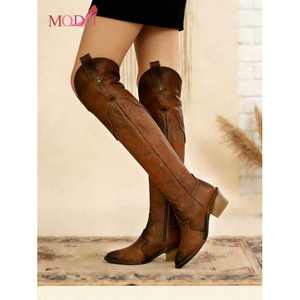 Bottes au-dessus du genou pour femmes Moda, talon épais, broderie, bottes d'équitation classiques, style vacances - Product Image 3