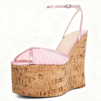 Sandales compensées roses en maille à bride cheville pour femme, talons épais en liège, bout ouvert, chaussures à talons hauts, grandes tailles, pour soirée et vacances, sandales plateforme