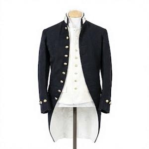 Manteau long en laine noire pour homme, style queue-de-pie historique, coupe droite, fermeture à boutons recouverts, col montant, vêtements d'extérieur - Product Image 1