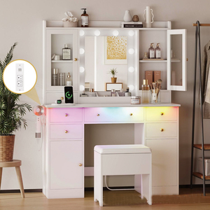 Ensemble coiffeuse moderne grand format avec panneau lumineux, support pour sèche-cheveux, en bois, pour hôtel, chambre et maison - Vente en gros - Product Image 4