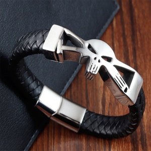 Hip Hop Jewelry Skull Stainless Steel Bracelet Customized Name Black Leather Braided Rope <b>Bangle</b> <b>Men</b> Leather Bracelet - Product Image 2