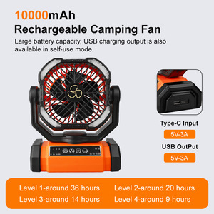 Ventilateur de camping portable avec lumière, 10000 mAh, rechargeable par USB, avec lampe de poche, utilisation en extérieur, design pliable - Product Image 5