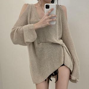 Otoño nuevo elegante suéter con cuello en V para mujer jersey de protección solar de color sólido suelto Casual fuera del hombro pulóver - Product Image 3