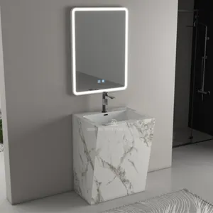 Lavabo de lavabo de pedestal de piedra sinterizada de mármol de alta calidad con espejo Led para Baño