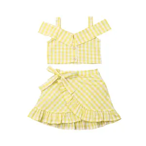 Großhandel Sommer Kleinkind Baby Mädchen Kleidung Plaid Strap Crop Tops Rüschen Minirock 2Pcs Outfits