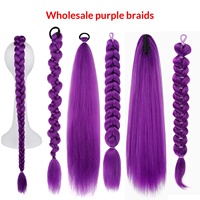 Perruque anime en forme de cœur avec grande tresse, couleur violette, fibres haute température, double trame machine