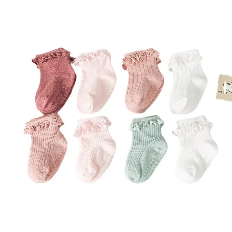 Meias de algodão para bebês princesas, meias de renda antiderrapante de alta qualidade para crianças, meias de algodão antiderrapantes para tornozelo, cor doce, em oferta