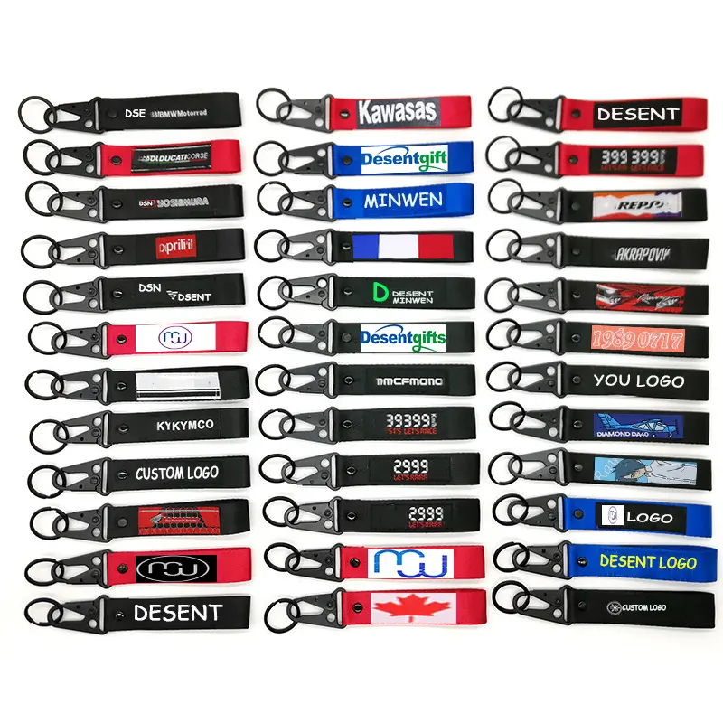 Personalized Strap Wrist Polyester Keychain Lanyard Custom Cars Brand Keychain With Embroider Logo Woven Motorcycle Key Chain