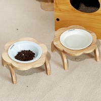 Gamelle en céramique peu profonde pour animaux de compagnie, design soucoupe volante, avec base en bois, pour la protection cervicale des chats et des chiens, pour une alimentation confortable