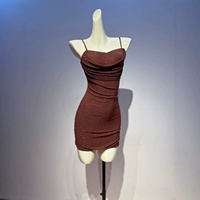Kaffeebraunes Strass-Rückenfreies Slip-Kleid, Luxuriöses Minimalistisches Sexy Spaghetti-Träger Abendkleid für Geburtstag Bankett Party