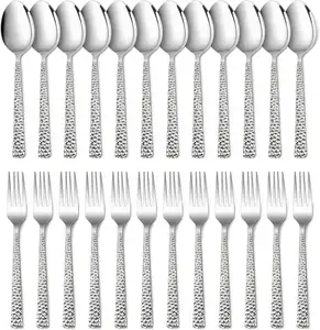 24-Piece Hammered Forks and Spoons Set Stainless Steel Square 12 Dinner Forks and 12 Dinner Spoons Modern Metal Flatware