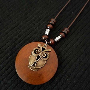 2026 autunno retrò Vintage rotondo in legno naturale antico rame placcato gufo fiore albero della vita autunno foglia collana per gli uomini delle donne - Product Image 2