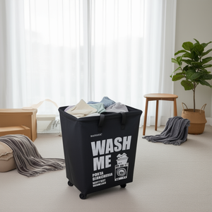 Panier à linge rectangulaire pliable Bathrex avec roulettes, design Wash Me, noir - Product Image 3