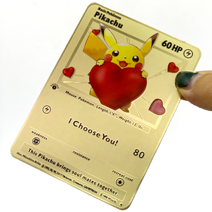 Sampel gratis + desain kartu Game hitam logam besi tahan karat kustom Pikachu Charizard In Love I Choose You Card - Product Image 2