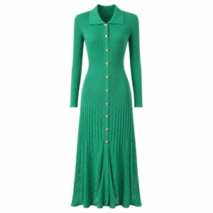 Robe longue maxi en maille ajourée pour femme, manches longues, boutonnage simple, décontractée d'été, coupe ajustée, col en V, à lacets, antistatique, naturelle - Product Image 6