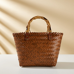 रंगीन समुद्र तट व्यवसाय बड़ी क्षमता बुना हुआ टोकरी बैग बांस के साथ बांस के साथ खुला गैर-सजावट हैंडबैग - Product Image 2