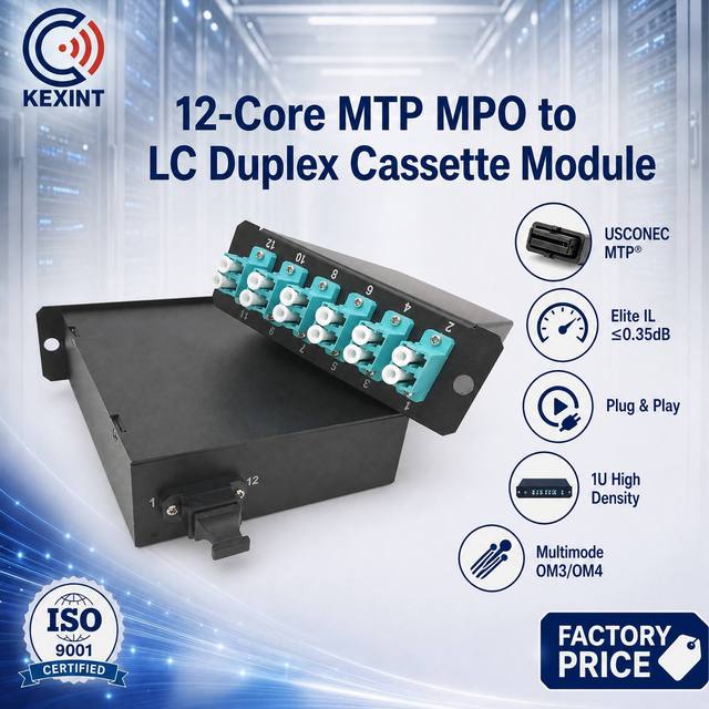 KEXINT 12 Cores MTP MPO to LC Duplex Cassette Module Multimode OM3/OM4 Fiber Optic Patch Panel for High-Density Data Center FTTX