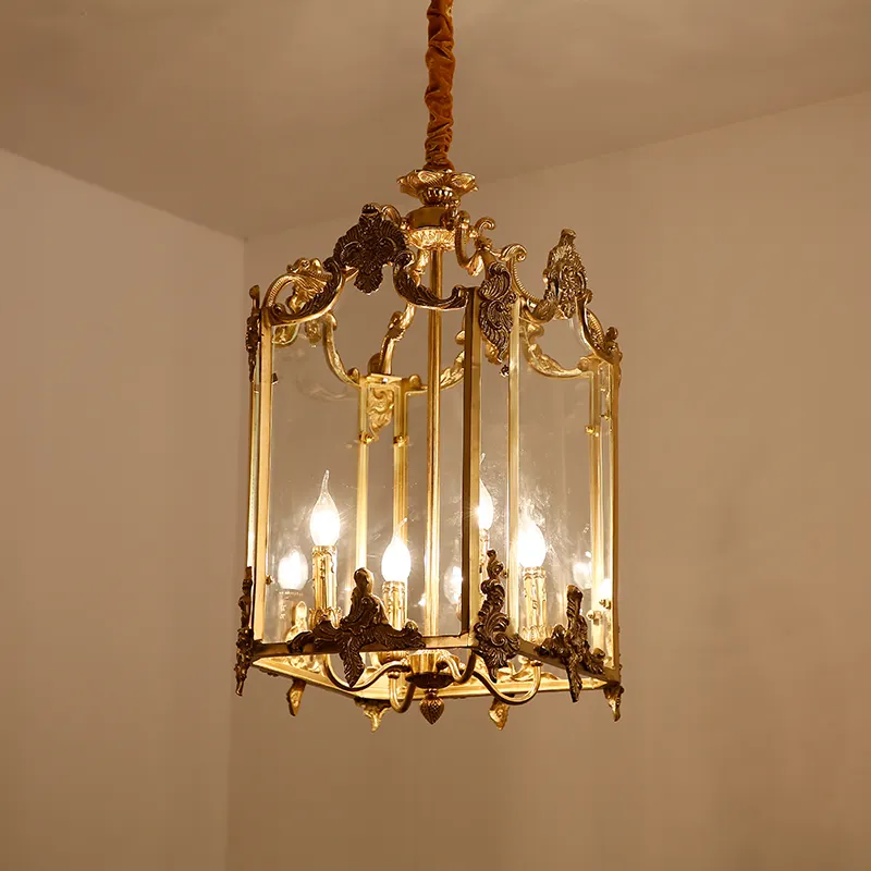 Illuminazione in stile Vintage francese lanterna appesa in bronzo dorato lussi casa castello pannelli in vetro inciso lampadario con 4 luci