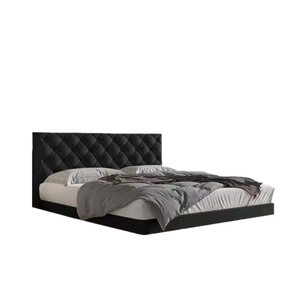 Lit flottant en cuir noir de style italien, taille double, tête de lit capitonnée, design minimaliste, mobilier de chambre principale - Product Image 5