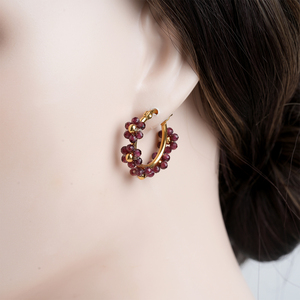 Gold Plated Hoop <b>Earrings</b> With <b>Garnet</b> Beads Women's Classic Everyday Wear Jewelry - Product Image 1