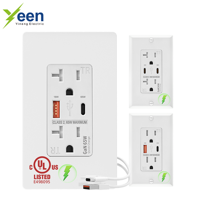 Yineng PD65W Fast Charger 20 Amp 36W 20W White Double USB Socket Receptacle 125 Volt Outlet with USB Port, UL CUL Listed OEM ODM