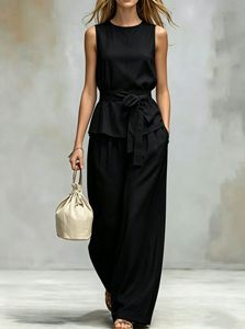 Conjunto de 2 Piezas para Mujer, Top sin Mangas con Cinturón y Pantalones Anchos de Cintura Alta, Elegante y Neutral, Ideal para la Oficina y <span class=keywords><strong>el</strong></span> Viernes Informal - Product Image 4