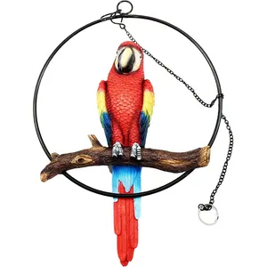 Home Garden Hanging Scarlet Macaw Parrot Perching on Branch in Metal Round Ring Figurine Sculpture Nature Lovers Tropical Bird