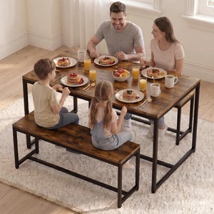 Factory direct sales of retro wood grain dining <b>table</b> <b>and</b> <b>bench</b> three-piece set, industrial style dining <b>table</b> <b>and</b> <b>chairs</b>, - Product Image 2