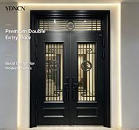 YDNCN Porte d'entrée double de luxe en alliage d'aluminium, design européen, avec fenêtre de transom et grille décorative, résistante à l'eau, haute