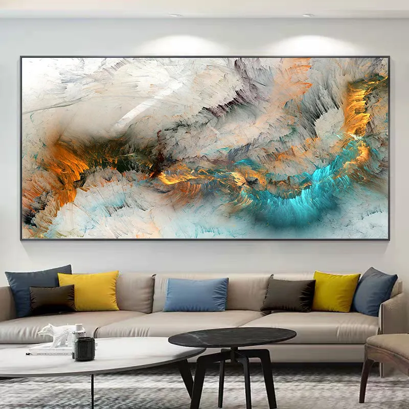 Home Decor Abstract Light Gray Gold Blue Colorful Cloud Posters painting blue canvas wall art prints