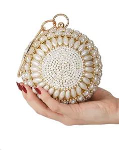 Luxury Vintage Style Party Handbag Ladies Diamond Pearl Beaded Round Ball Shaped Crystal Evening Bag