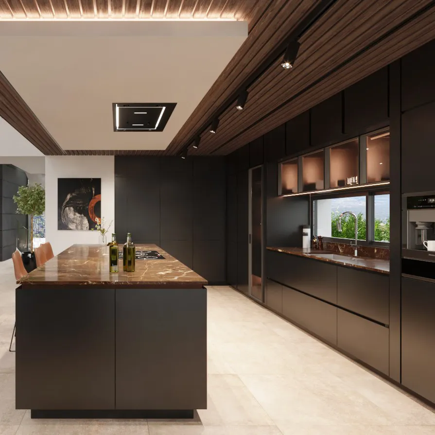 Muebles de cocina de alta gama con diseño de isla, armario modular completo, negro, Moderno