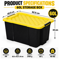 Boîte de rangement robuste de 60 L en plastique PP, empilable pour garage et entrepôt