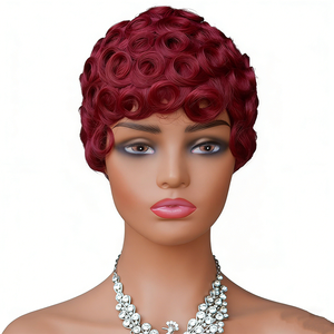 Perruques courtes bouclées 99J pré-épilées vietnamiennes en gros, de qualité supérieure, 100% cheveux humains, sans colle, coupe pixie - Product Image 2