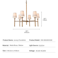 Lustre vintage, décoration champêtre française, laiton mat, abat-jour en rotin enveloppé de tissu, LED, 6 lumières, lampe suspendue rustique, art luxueux