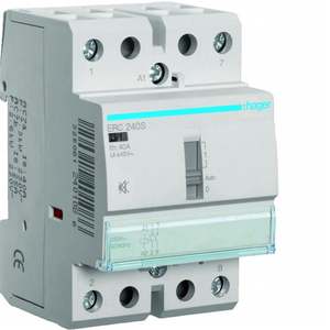 Contattore silenzioso Hager ERC240S personalizzabile con controllo manuale, 2 NO, 230 V CA, 40 A, 3 moduli DIN - Product Image 1