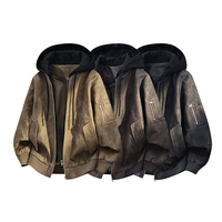 Blouson de basket vintage délavé à capuche amovible en cuir, style streetwear, OEM personnalisé, blousons bomber imperméables pour hommes en gros