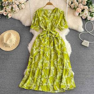 Nuevo Vestido Casual con Estampado Chic y Gran Dobladillo, Cuello en V, Manga Corta, Cintura Alta con Cordones para Mujer - Product Image 2