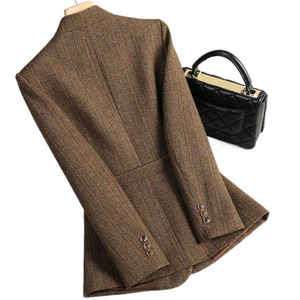Women's Wool Blazer GDX1668 Coffee Color Slim Fit Autumn Winter Jacket With Belt For Office Wear - Product Image 5