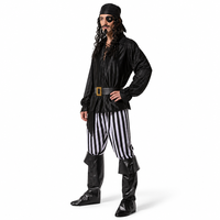 Ensemble de costume de pirate pour homme pour Halloween, comprenant un haut noir, un pantalon rayé, un foulard, une bandeau pour les yeux, une ceinture, des couvre-bottes, tenue de cosplay