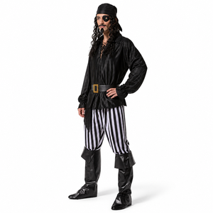 Ensemble de <span class=keywords><strong>costume</strong></span> de pirate pour <span class=keywords><strong>homme</strong></span> pour Halloween, comprenant un haut noir, un pantalon rayé, un foulard, une bandeau pour les yeux, une ceinture, des couvre-bottes, tenue de cosplay - Product Image 3