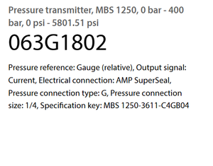 Sensor MBS 1250 0-400 bar 4-20 mA DC8-30 V IP67 Módulo de Detección Hidráulica Industrial - Product Image 3