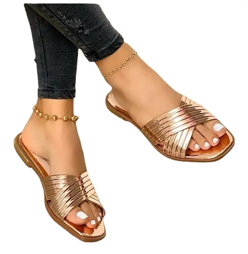 Pring-Zapatillas cruzadas con textura de metal para mujer, zapatos femeninos de talla grande