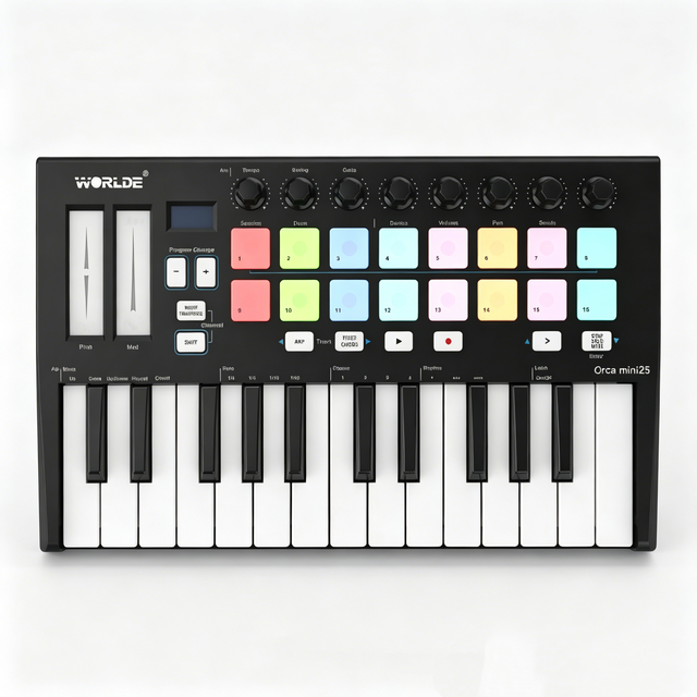ORCA MINI 25 Keys Portable USB MIDI Keyboard Controller with 16 RGB Drum Pads Pitch Mod Beat Making Music Production DAW Studio