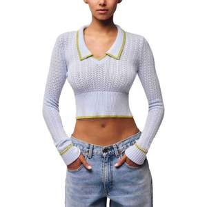 เสื้อครอปถักสำหรับผู้หญิง แขนยาว คอวี คัลเลอร์บล็อค ผ้าเนื้อนุ่ม ความหนาปกติ แขนเสื้อแบบปกติ - Product Image 2